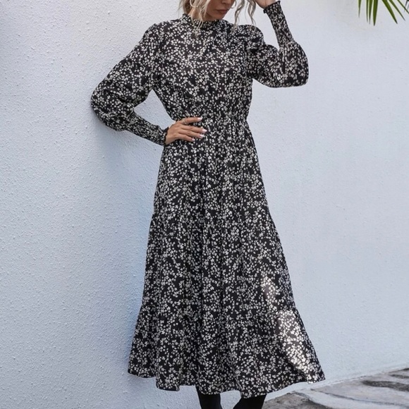 Shein Ditsy Floral Frill Neck Ruffle Hem Dress - Picture 1 of 8